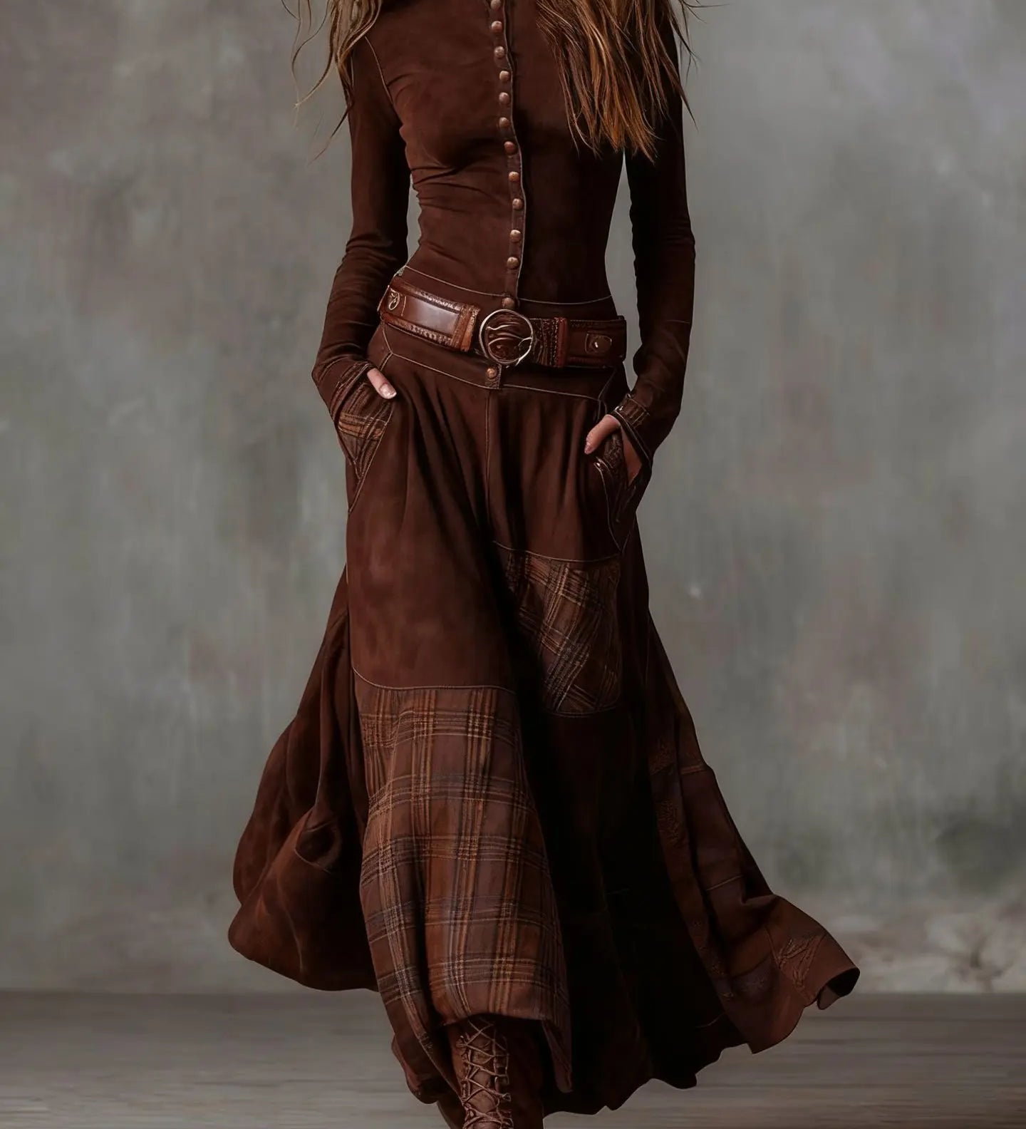 Leonor - Vestido longo de camurça xadrez