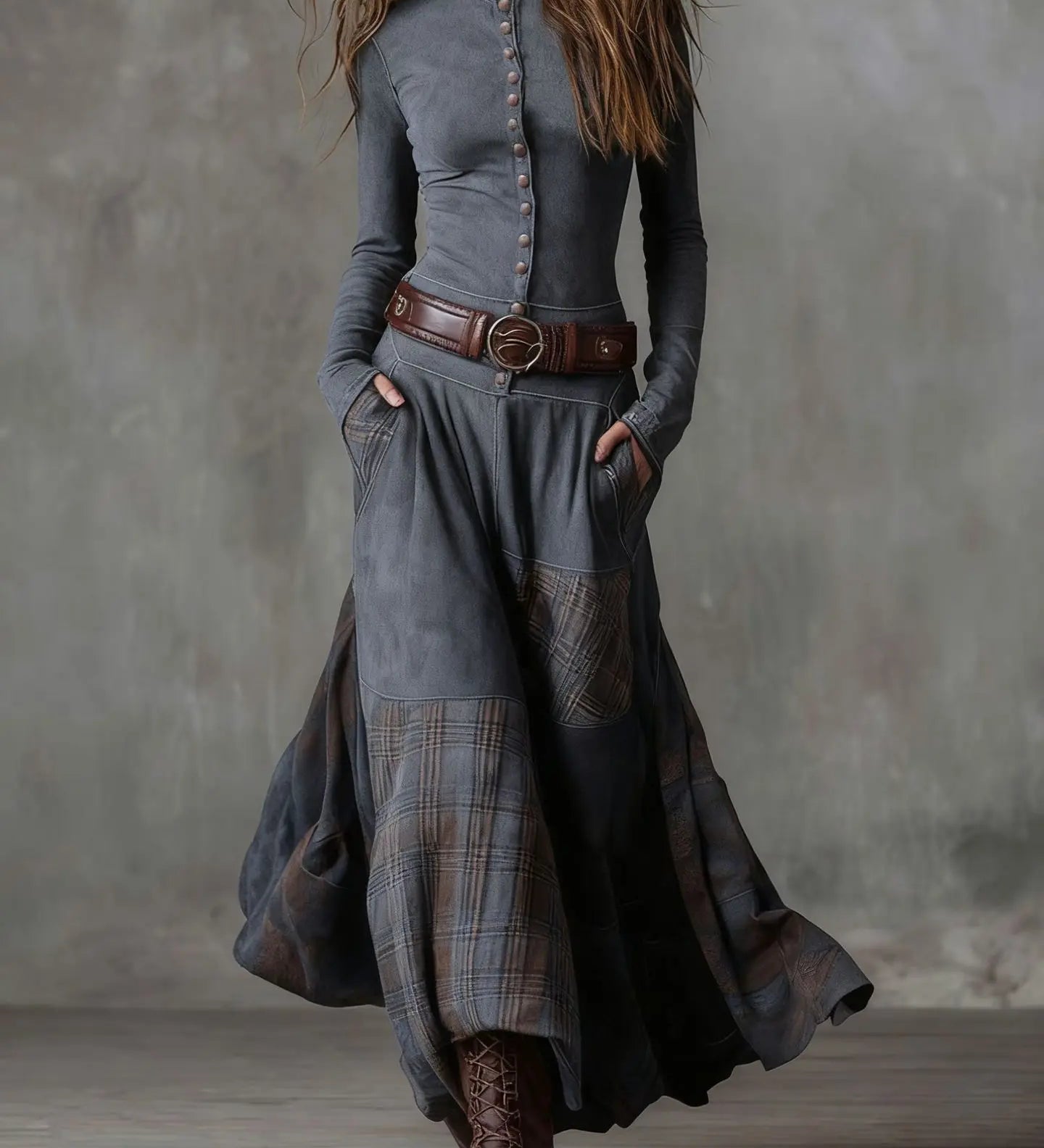 Leonor - Vestido longo de camurça xadrez