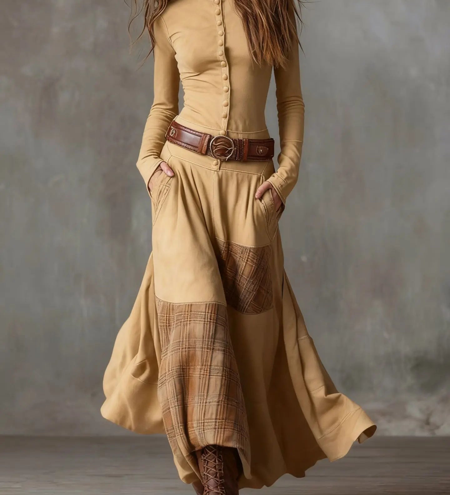 Leonor - Vestido longo de camurça xadrez