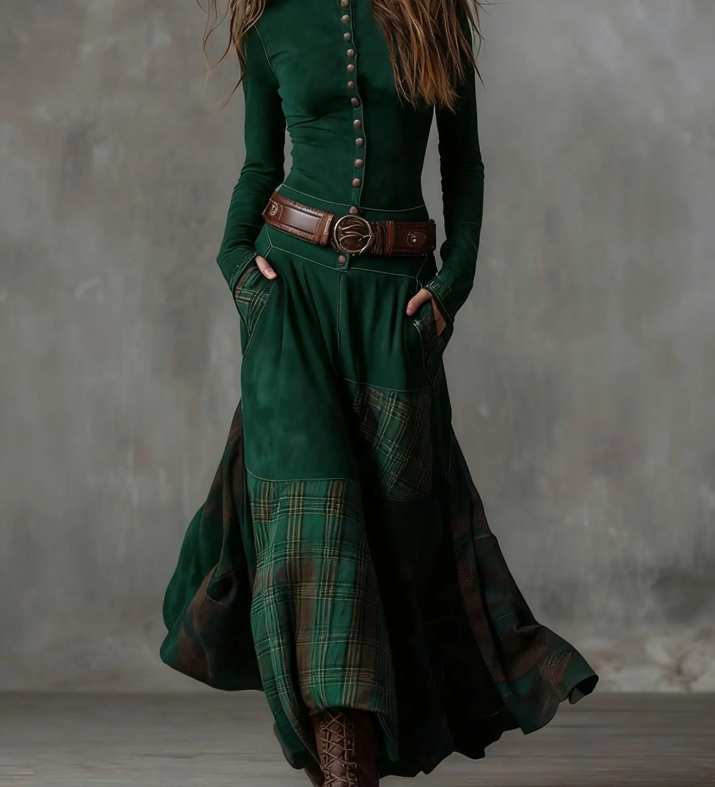 Leonor - Vestido longo de camurça xadrez